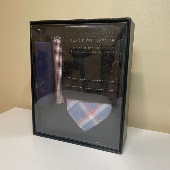 Saks Fifth Avenue Gift Set - 3 Assorted Pocket Squares and ID Card Case - New - Picture 1 of 4
